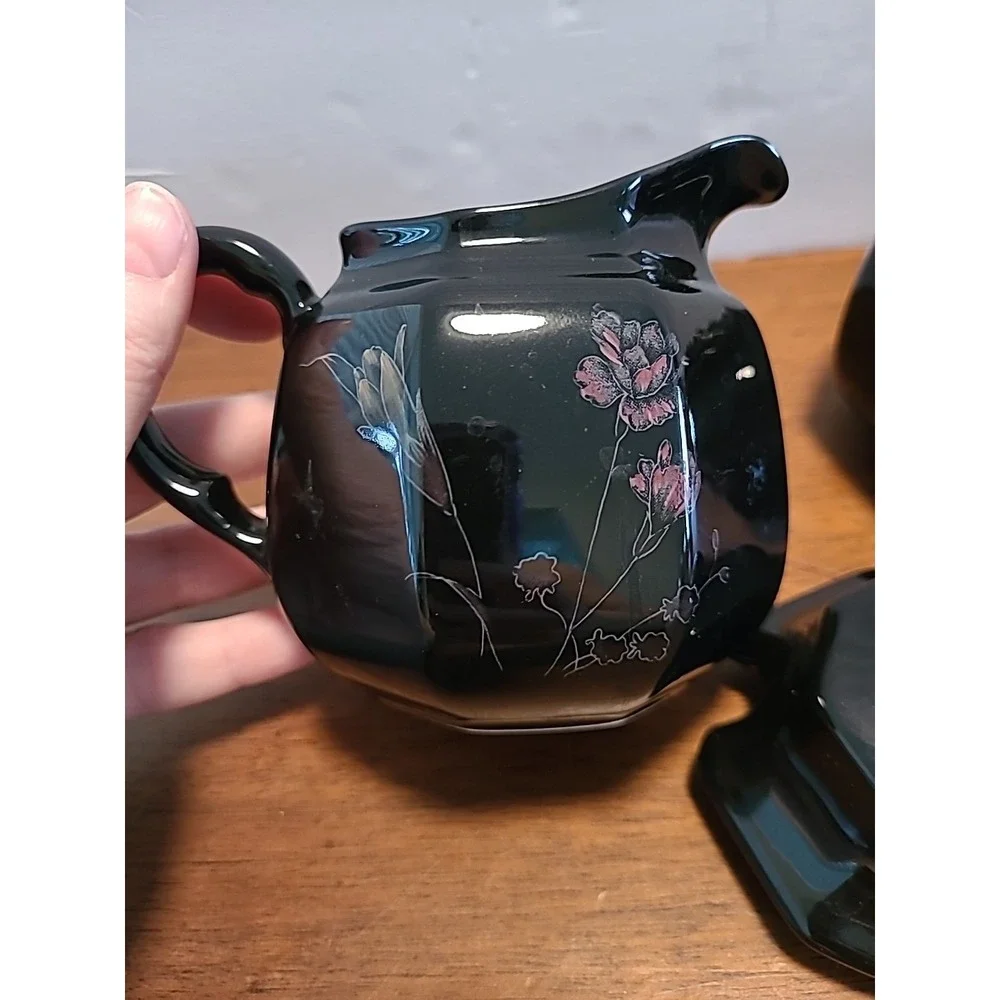 Mikasa EBONY GARDEN Sugar Bowl and Creamer Set Pink Yellow Flowers Black F3701